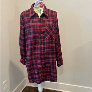 Red and Navy Plaid Button up Shirt Dress